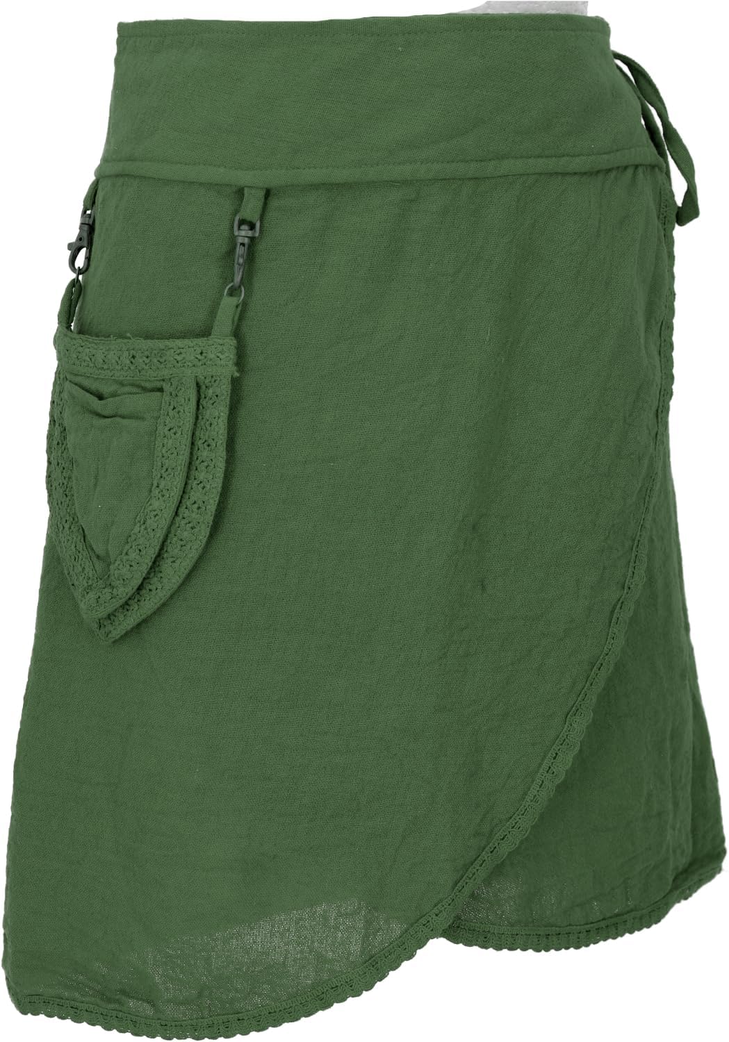 GURU SHOP Pixi Festival Minirock, Natürlicher Ethno Wickelrock mit Tasche, Spitze, Damen, Grün, Baum