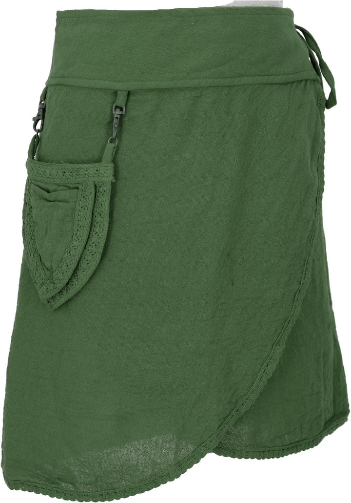 GURU SHOP Pixi Festival Minirock, Natürlicher Ethno Wickelrock mit Tasche, Spitze, Damen, Grün, Baum