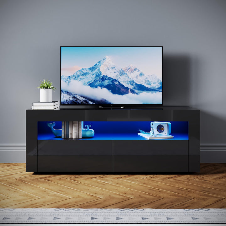 SONNI TV-Schrank Modern 120cm, Lowboard Hochglanz Schwarz mit 16 Farben LED-Beleuchtung, 2 Schublade