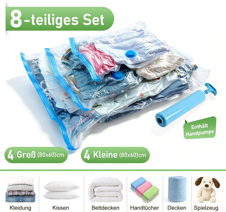 Vakuumbeutel 8 Stück 4 Gross 80x60cm + 4 Kleine 60x40cm, Platzsparend Vacuum Bags, PA & PE Material,