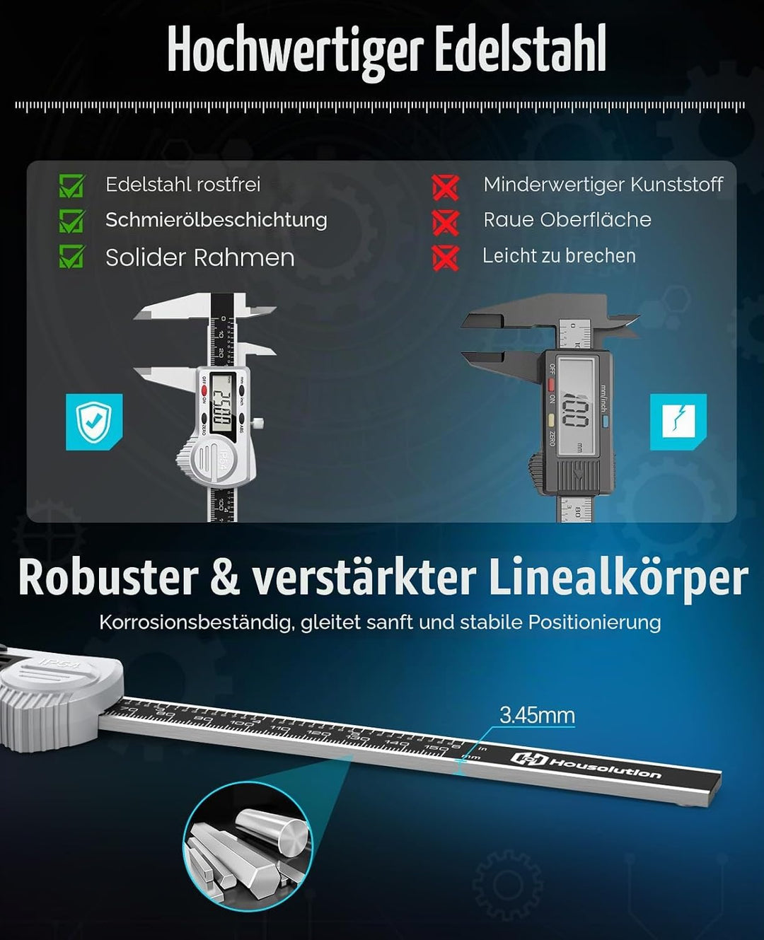 Housolution Messschieber Digital mit ABS-Funktion, 6-Zoll/150mm IP54 Elektronische Schieblehre, Wass