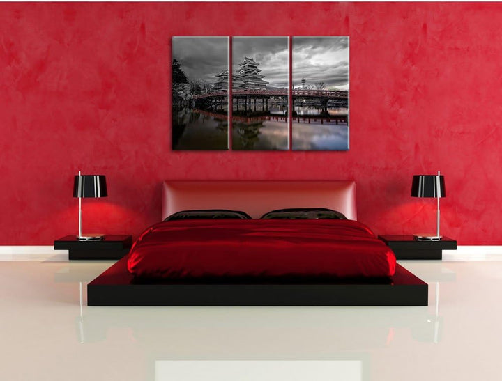 Pixxprint asiatischer Tempel an See als Leinwandbild/Grösse: 3 Teilig (120x80) cm/Wandbild/Kunstdruc