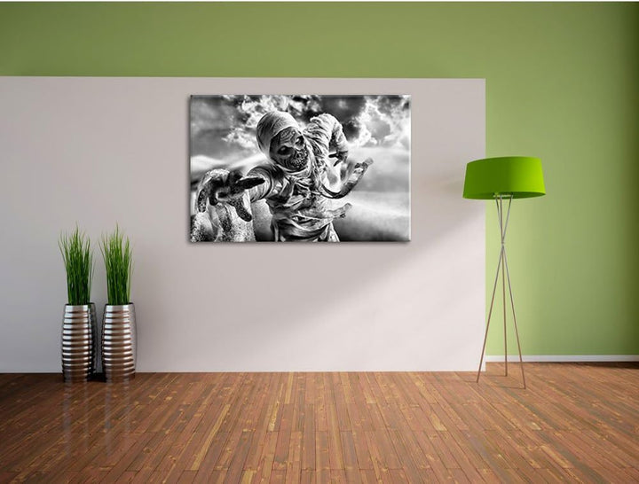 Pixxprint Monocrome, Mumie greift an, Format: 100x70 auf Leinwand, riesige Bilder fertig gerahmt mit