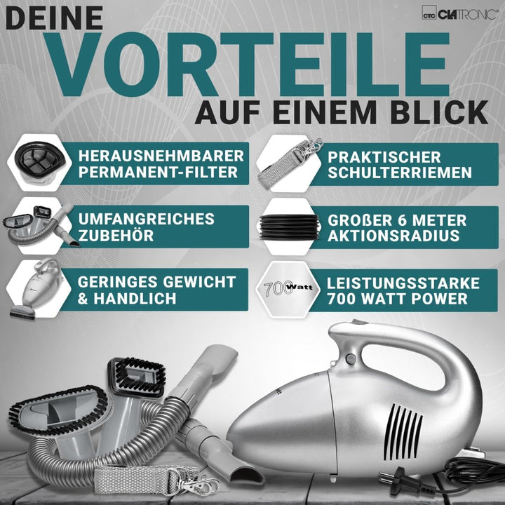 Clatronic® Handstaubsauger mit 700 Watt & geringem Gewicht | Staubsauger zum Absaugen von Polstern,