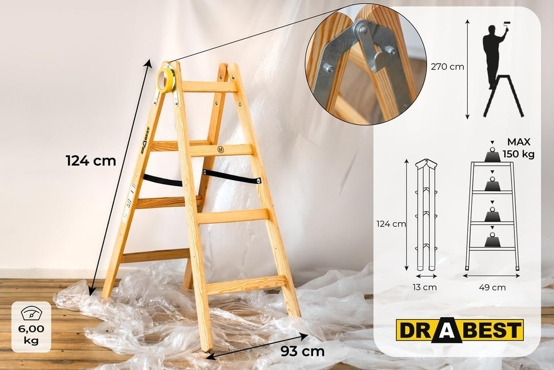 DRABEST - Holzleiter - für Malerarbeiten - 2X 4 Sprossen - m lang - bis 150 kg - Arbeitshöhe 1,24m 2