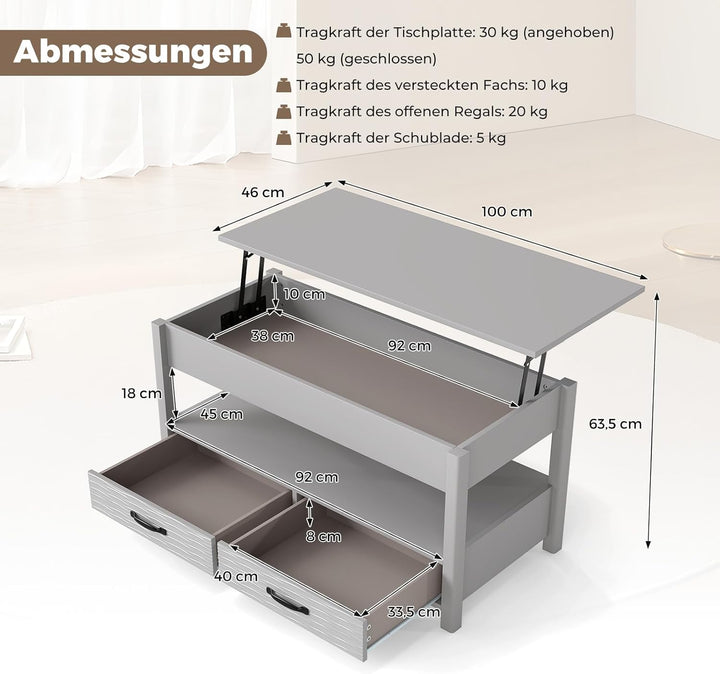 COSTWAY Couchtisch Höhenverstellbar, Sofatisch mit offene Ablage & 2 Schubladen, Wohnzimmertisch mit