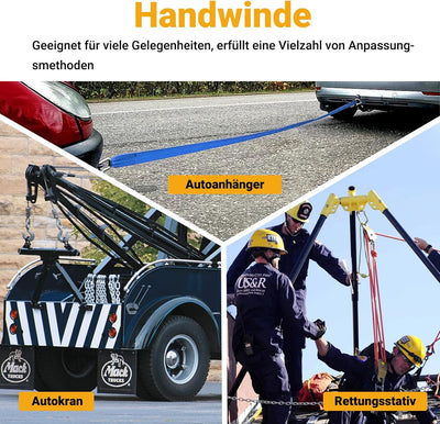 Pindex Handseilwinde Seilwinde mit 10m Polyester Seilzug, 1365kg, 4:1 8:1, Manuelle Handseilzug Boot