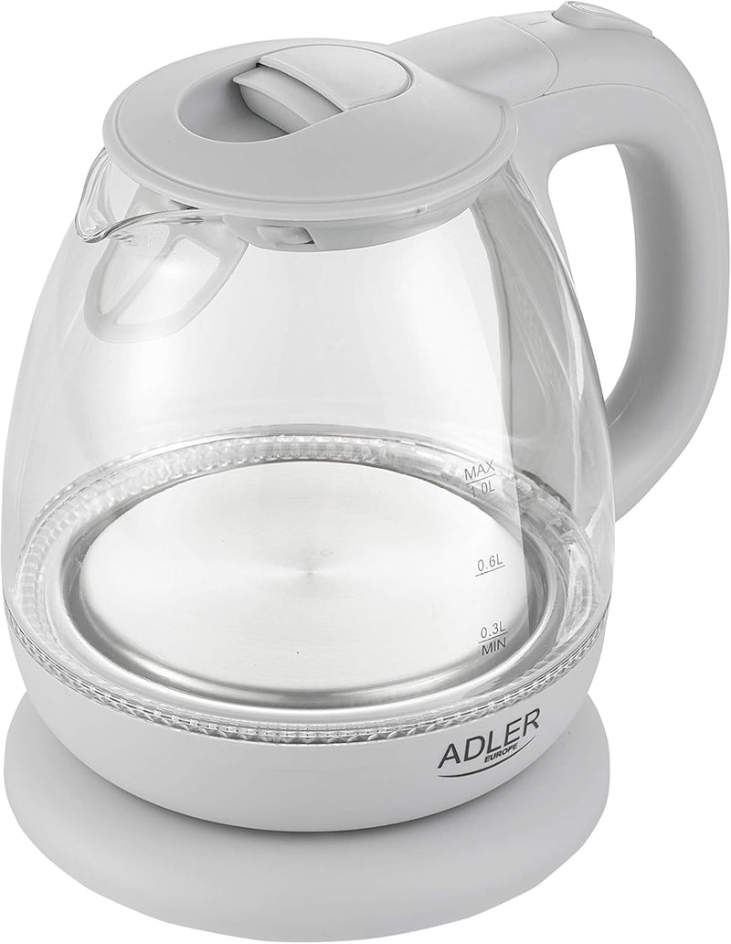 adler AD 1238 Elektrischer Wasserkocher aus Glas, klein, 1 l, 1100 W, LED-Beleuchtung, 1100 W, 1 Lit