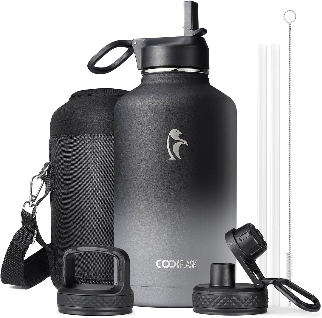 Coolflask Isolierte Wasserflasche 2L mit Strohhalm & 3 Deckeln, Isolierte Wasserflasche aus Edelstah