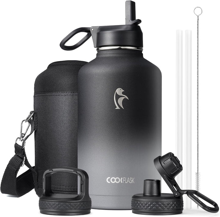Coolflask Isolierte Wasserflasche 2L mit Strohhalm & 3 Deckeln, Isolierte Wasserflasche aus Edelstah