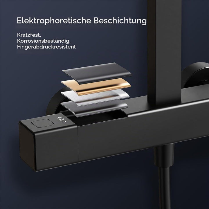 HOMELODY Duscharmatur mit Thermostat &amp; Duschablage - Duscharmatur Komplettset Schwarz mit Handbrause