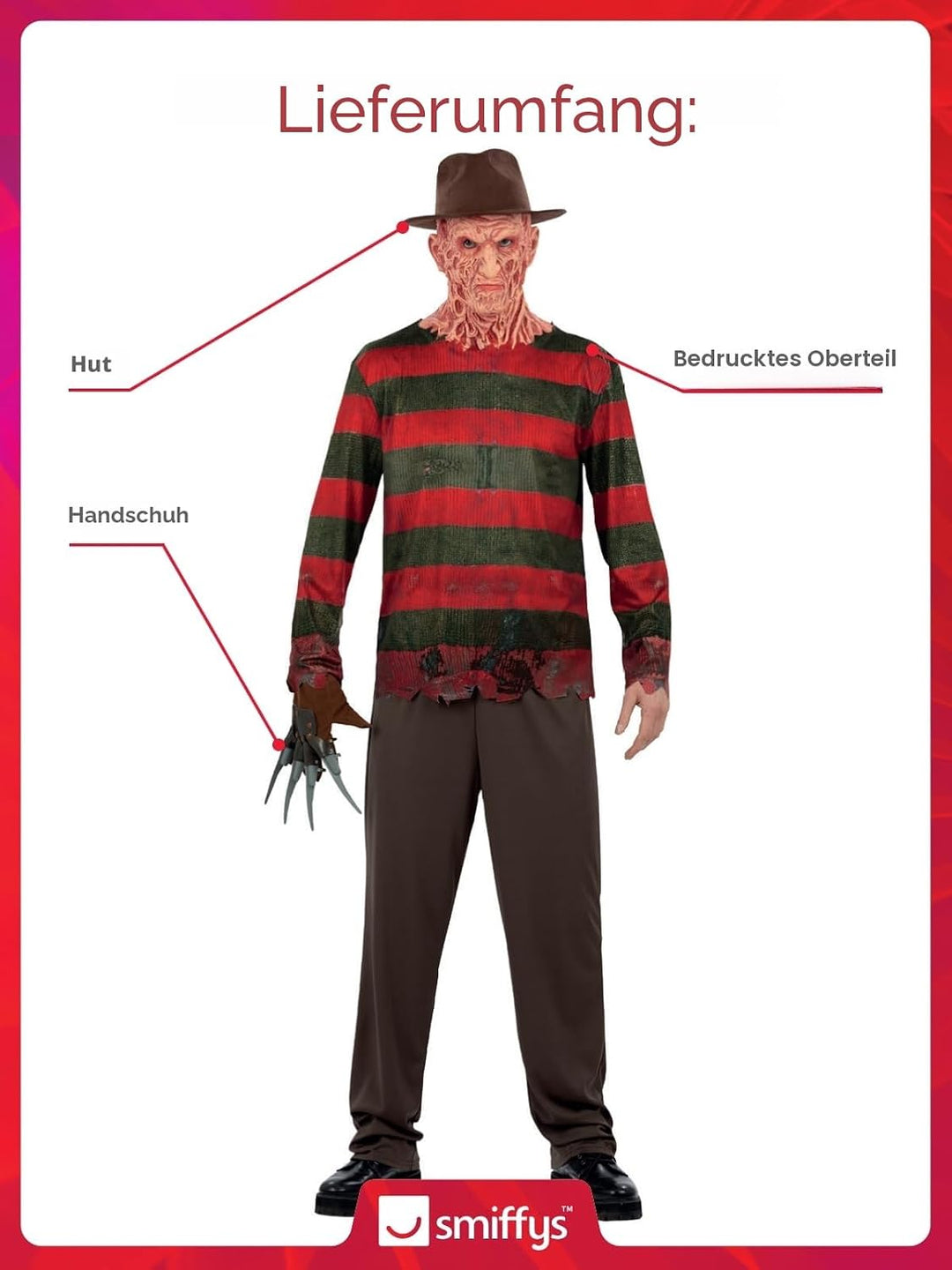 Smiffys Ein Nightmare On Elm Street Freddy Krueger Kostüm – inklusive bedrucktem Oberteil, Handschuh