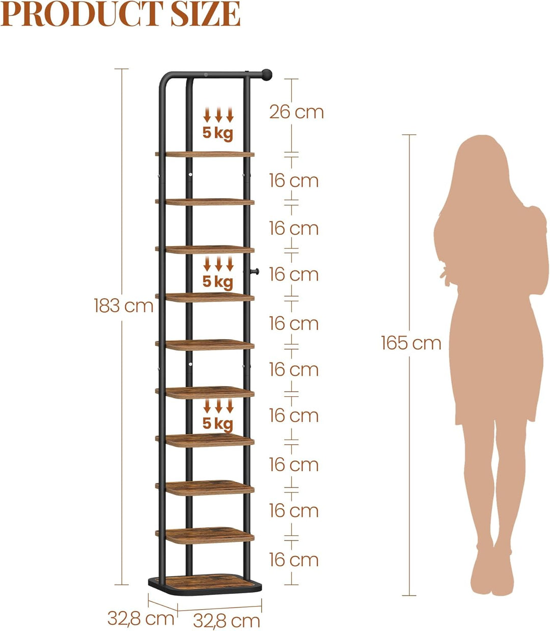 Schuhregal, 10-Stockige Schuhablage Schmal, Vertikales Schuhregal, Verstellbar Ablage, für Eingangsb