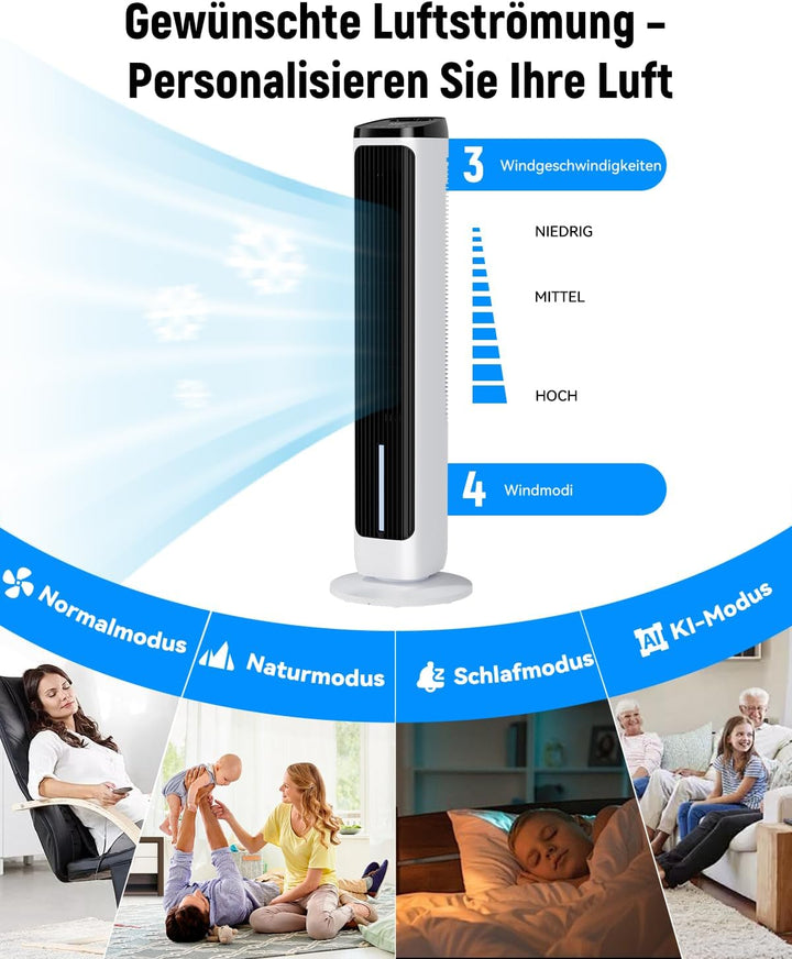 PNTCK Turmventilator mit Wasserkühlung Eispacks, 12H Timer, 4 Modi, 3 Geschwindigkeiten, 80° Oszilla
