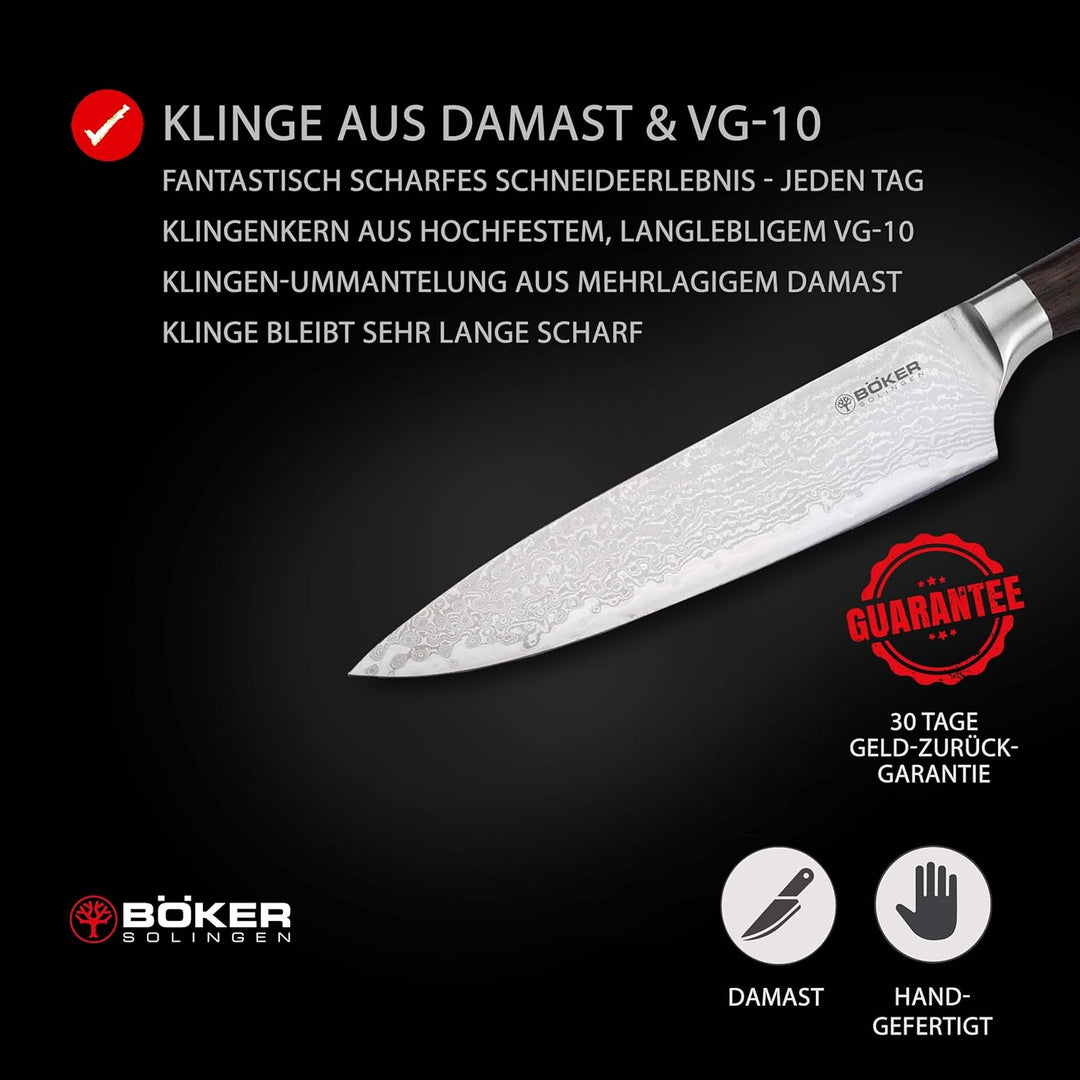 Böker SOLINGEN® Meisterklinge Damast Kochmesser Klein - Profi Küchenmesser mit Holz-Griff aus Räuche