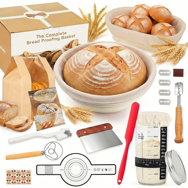 Gärkörbchen Für Sauerteig Starter Set, 23-teilig Gärkorb Brot Set, 25cm & 23cm Rattan Brotbackset, B