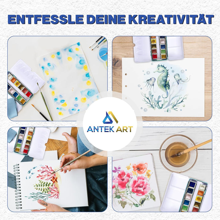ANTEK ART® Aquarellfarben Set [12x Metallic Glitzerfarben] – Aquarell Set unterwegs im Metallkoffer