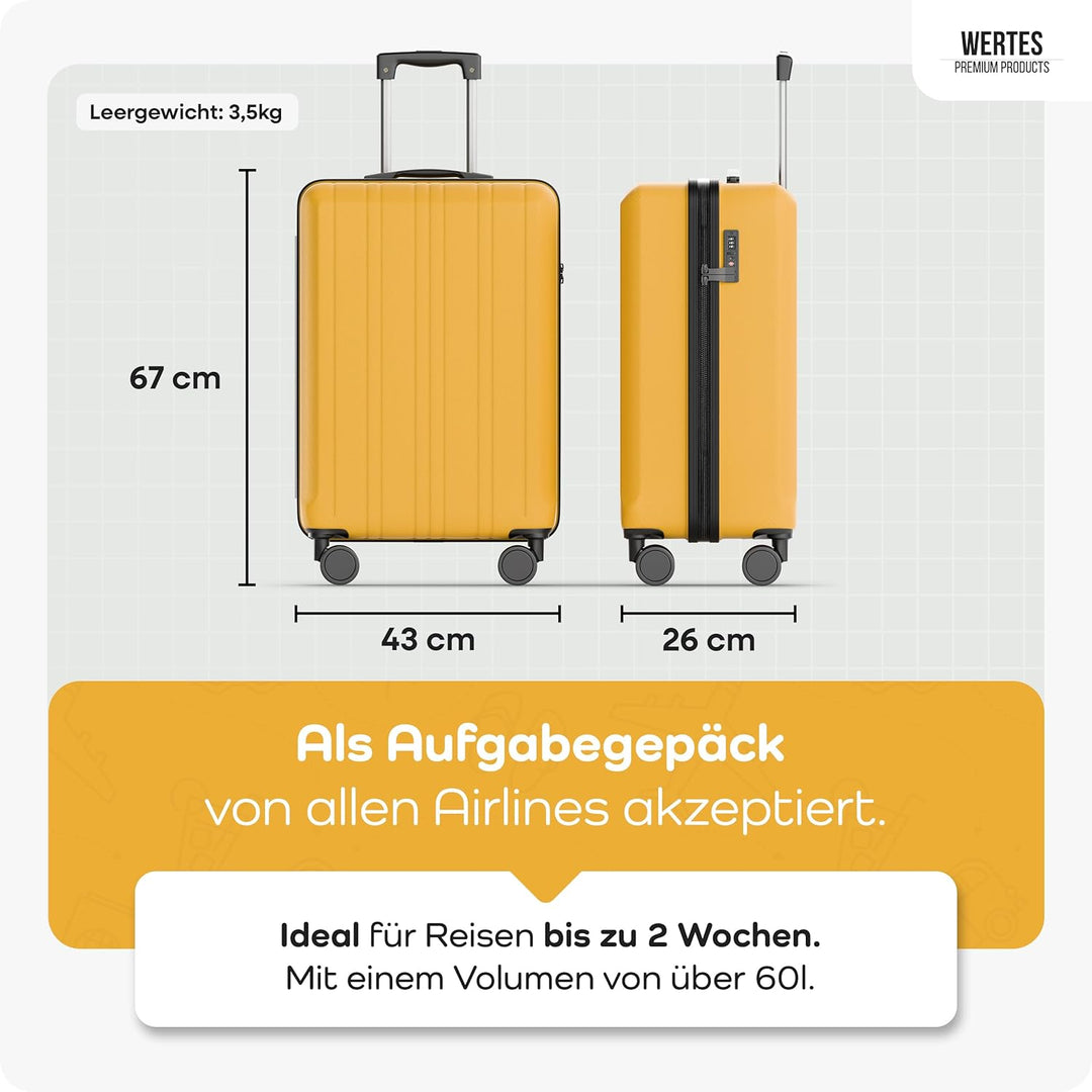 Hartschalen Koffer Mittel 67cm - 60L, TSA Schloss, Doppelrollen, Reisekoffer mit Rollen, Senfgelb 67