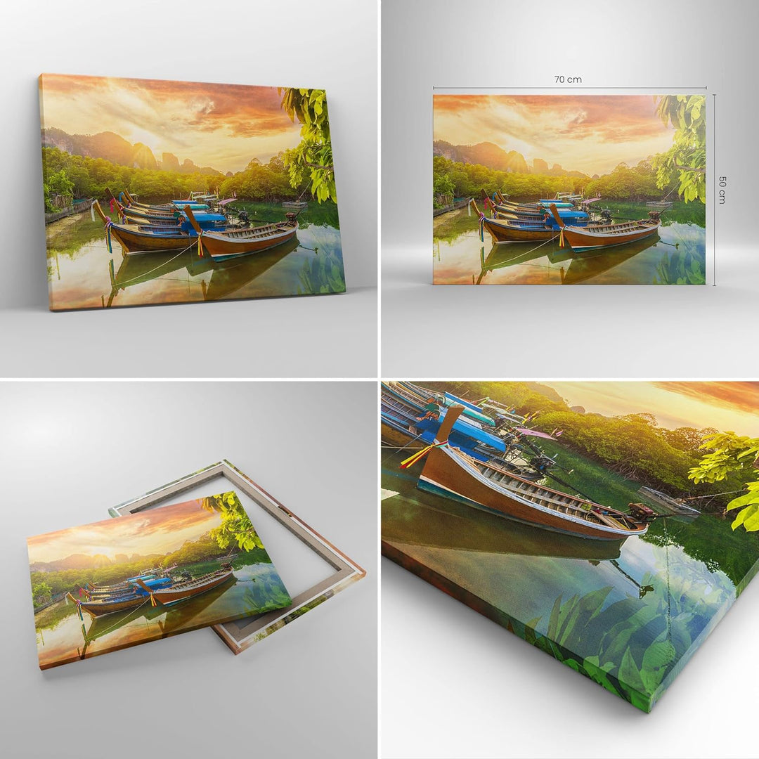Bilder auf Leinwand Berge Boot Wasser Leinwandbild mit Rahmen 70x50cm Wandbilder Dekoration Wohnzimm