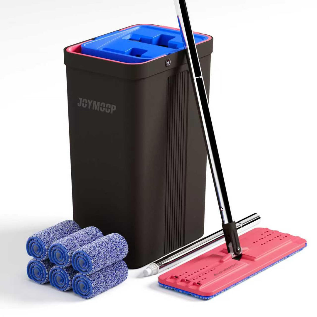 JOYMOOP Wischmopp und Eimer mit Auswringer-Set, freihändiger Flacher Bodenwischer und Eimer, mit 6 w