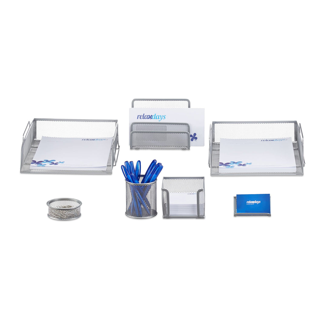 Relaxdays Schreibtisch Organizer Set, 7-teilig, Metall, Schreibtisch-Set, Briefablage, Zettelbox, St