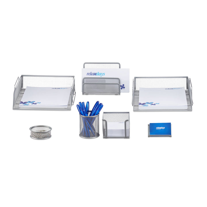 Relaxdays Schreibtisch Organizer Set, 7-teilig, Metall, Schreibtisch-Set, Briefablage, Zettelbox, St