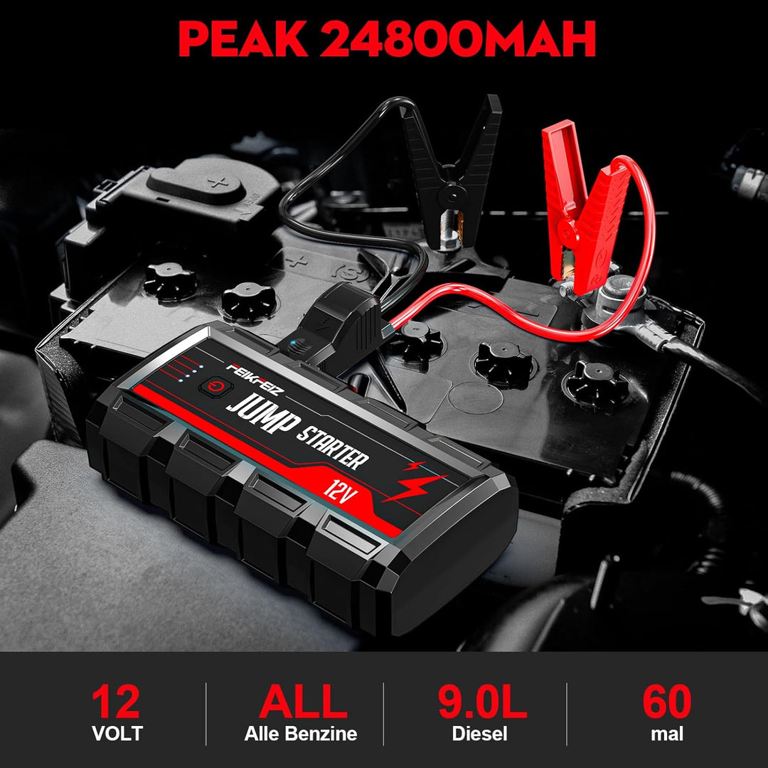 FEIKFEIZ Starthilfe Powerbank 3000A 24800mAh 12V (Alle Benzin und Bis Zu 9,0L Diesel) Auto Starthilf