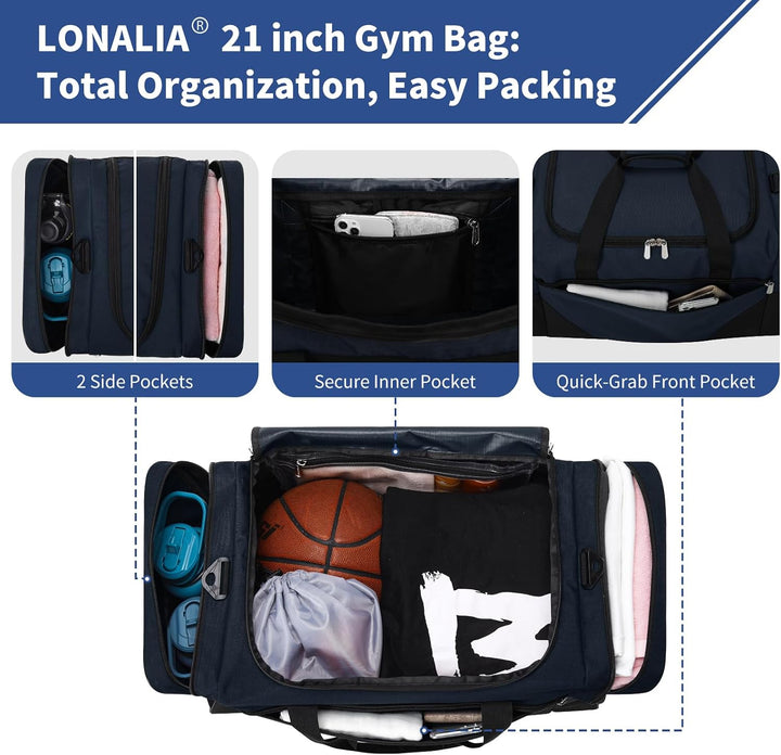 Sporttasche 45L - 53×28×30.5 cm Reisetasche mit Vielen Fächern für Gym, Weekend &amp; Kurztrips - Marine