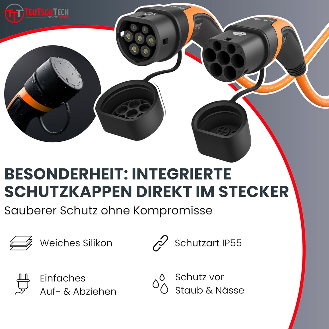 TEUTSCHTECH, EV Ladekabel orange I 5M I TYP2 - TYP2 I 11kW I 3X16A I 3-phasig I Mit Lade- Temperatur