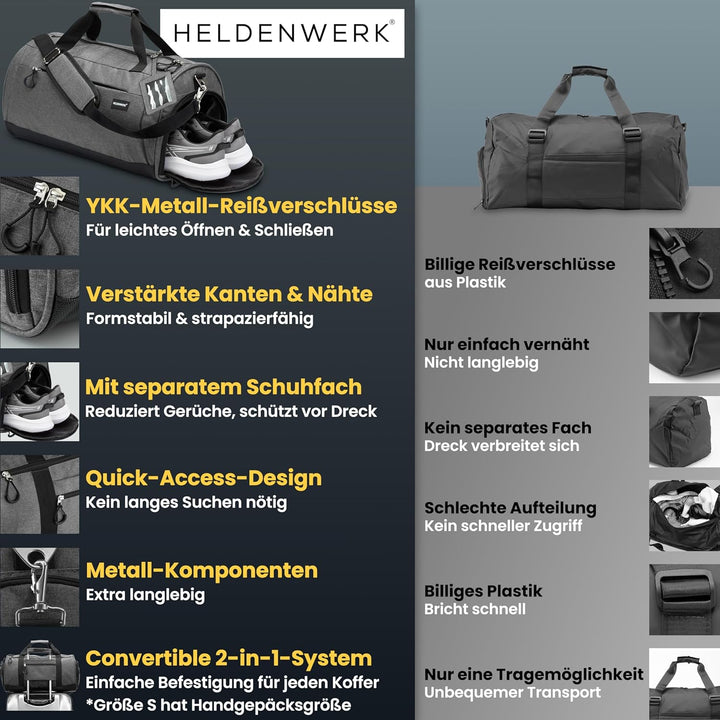 Heldenwerk® Sporttasche & Reisetasche für Damen und Herren klein I Trainingstasche mit Schuhfach und