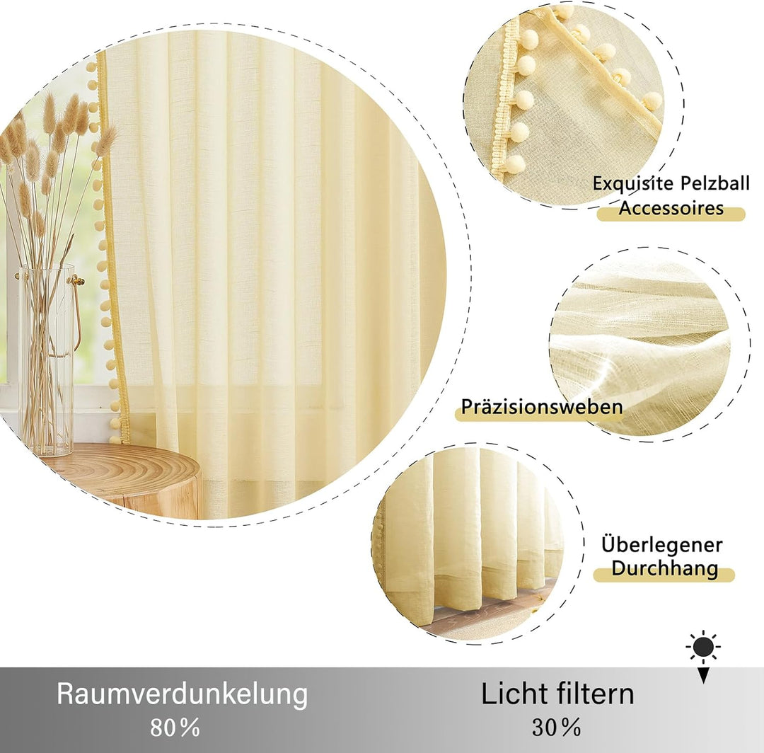 Treatmentex Boho-Gardinen aus transparentem Voile, mit Pompons und Quasten verziert, Ösenvorhang f