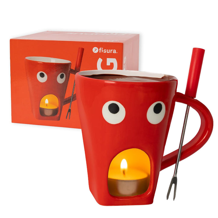 Fisura - Fondue Tasse für Schokolade und Käse, rote Keramiktasse 140 ml mit Gabel, originelle Gesche