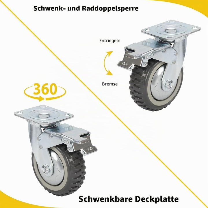 4PCS Schwerlastrollen 200mm Transportrollen Möbelrollen Vollgummi Rollen mit Bremse 360°Grad drehbar