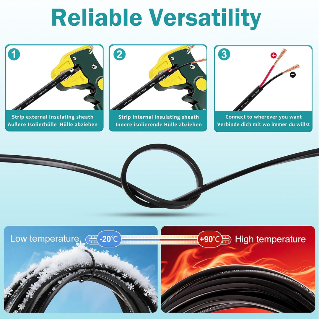 2 Adriges Anhängerkabel - 2x1.5mm² Kupfer Kabel für Anhänger 2 Polig 12V/24V - KFZ Elektrokabel Lich