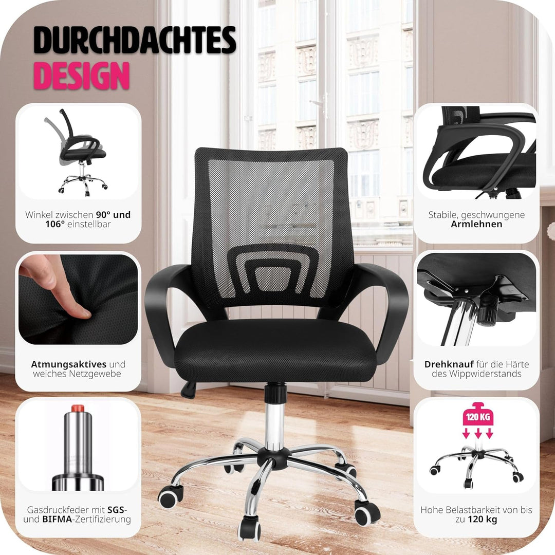 tectake® Bürostuhl, Drehstuhl mit Rollen, Schreibtischstuhl mit Lordosenstütze & Armlehnen, Bürostuh