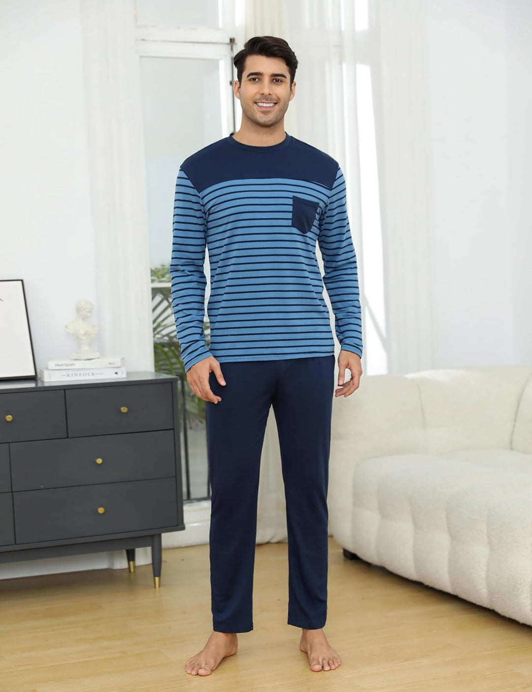 Irdcomps Schlafanzug Herren Pyjama Lang Winter Baumwolle Nachtwäsche Männer Set Langarm Gestreift M