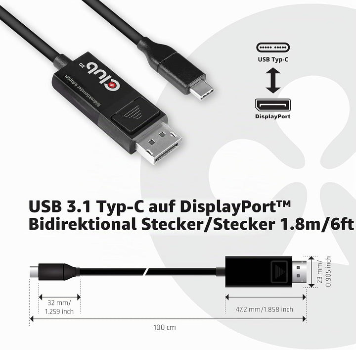 Club 3D USB Adapterkabel 1, 8m Typ-C zu Displayport 8K60Hz HDR Schwarz CAC-1557