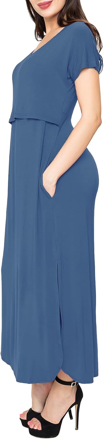 Smallshow Damen Lang Split Stillkleid Kurzarm Umstandskleid Sommer L Grau Blau, L Grau Blau