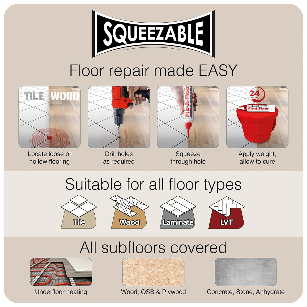 Fix-A-Floor Squeezy All-in-One Reparaturkleber für lose, hohle und knarrende Fliesen, Holz, LVT, LVP