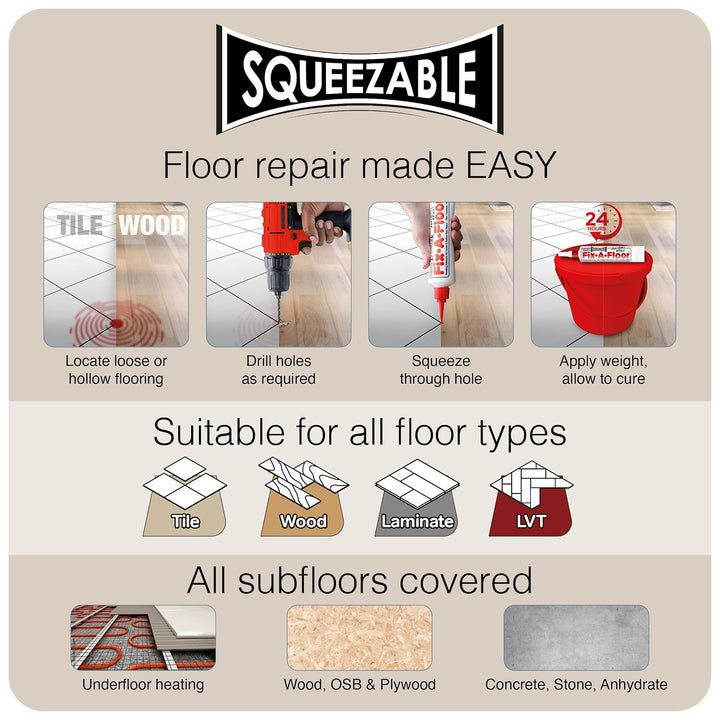 Fix-A-Floor Squeezy All-in-One Reparaturkleber für lose, hohle und knarrende Fliesen, Holz, LVT, LVP