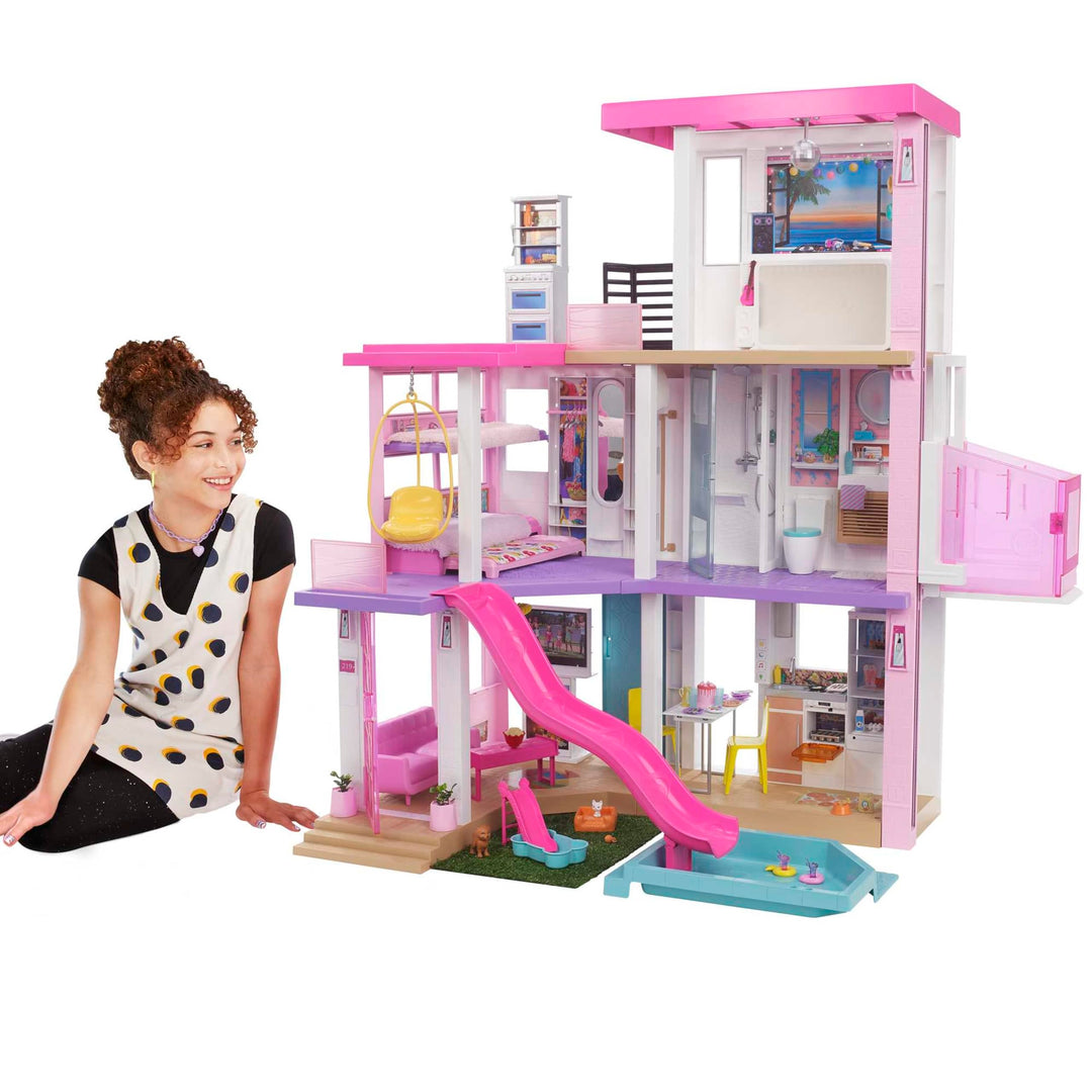 Barbie Dream House (114 cm), 3-stöckiges Puppenhaus mit Barbie-Pool, Rutsche, Barbie-Rollstuhllift,