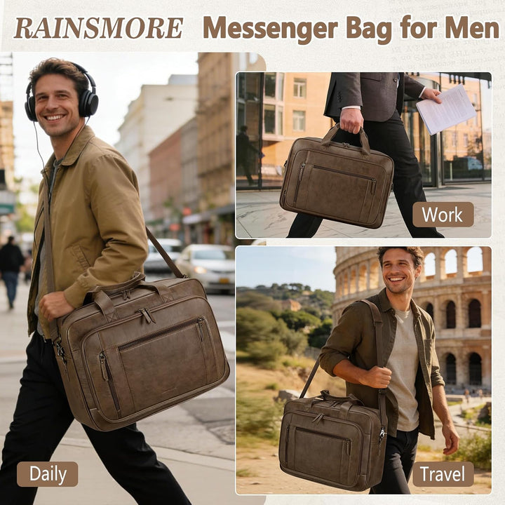 RAINSMORE Aktentasche Herren Vintage, Leder Arbeitstasche, 16 Zoll Laptoptasche Wasserdicht, Busines