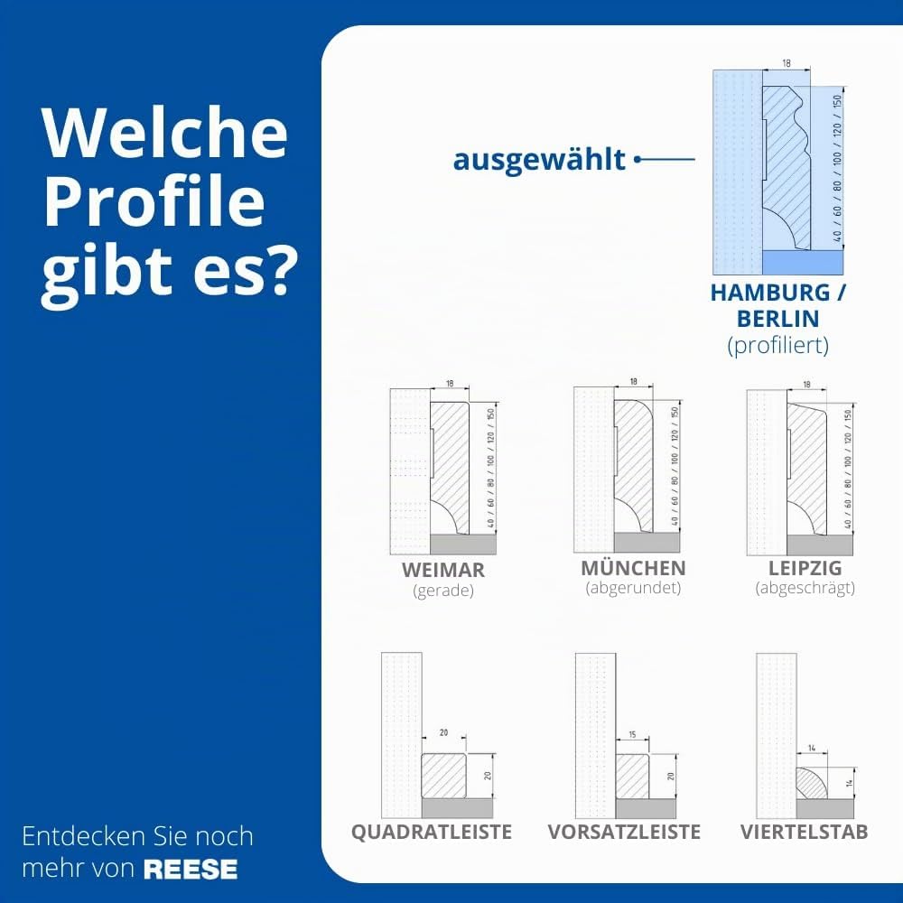REESE - Sockelleisten - Berliner Profil - SCHWARZ MDF - 100mm - 1 Stück / 2,3lfm - nicht selbstklebe