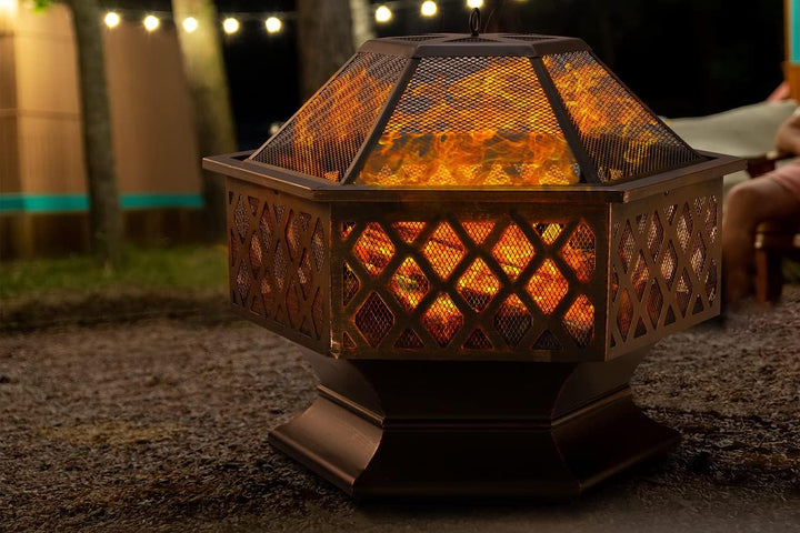 Gardebruk® Feuerschale mit Funkenschutz Sechseckig Stahl Modern Rost-Optik Garten Terrasse Feuerstel