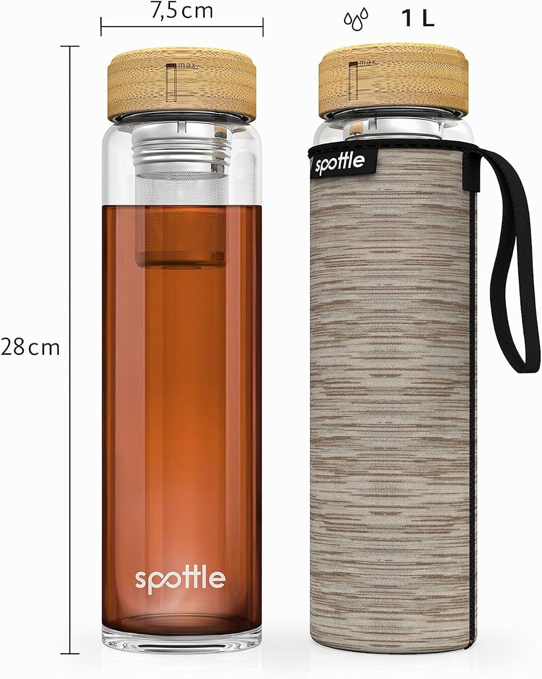 spottle Teeflasche mit sieb to go 1 Liter - Trinkflasche für Tee aus Glas in 500ml, 650ml, 1 l - Tee