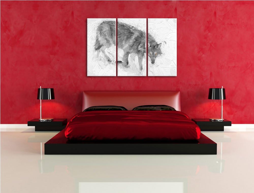 seltener Wolf im Schnee schwarz/weiss Deluxe 3-Teiler Leinwandbild 120x80 Bild auf Leinwand, XXL rie