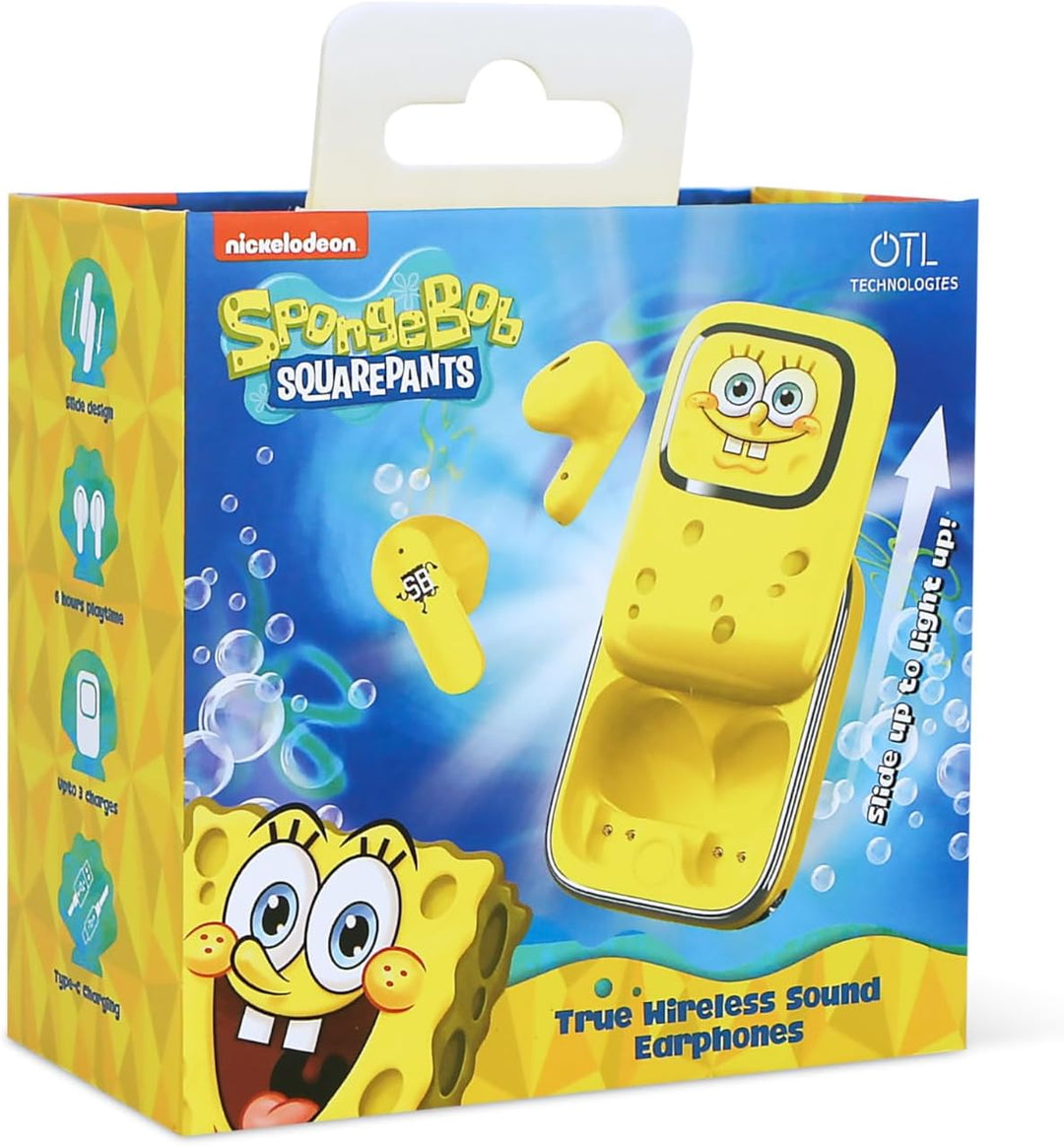 OTL Technologies Kabellose Kopfhörer Spongebob Schwammkopf mit verschiebbarer Ladebox und LED-Sponge