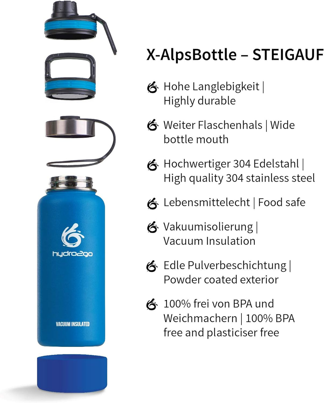 hydro2go ® Edelstahl Trinkflasche X-AlpsBottle - 1000ml / 1l | vakuumisolierte Thermosflasche + 3 Tr