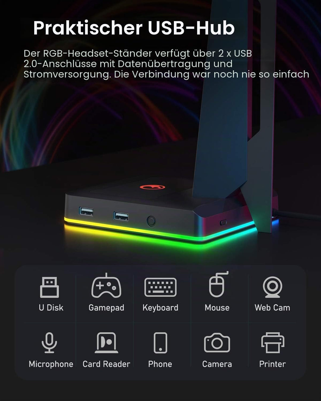 RGB Gaming Headset Ständer mit 2 USB Ports, Game Kopfhörer Halterung für PC, Xbox One, PS4, Switch,