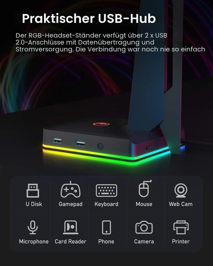 RGB Gaming Headset Ständer mit 2 USB Ports, Game Kopfhörer Halterung für PC, Xbox One, PS4, Switch,